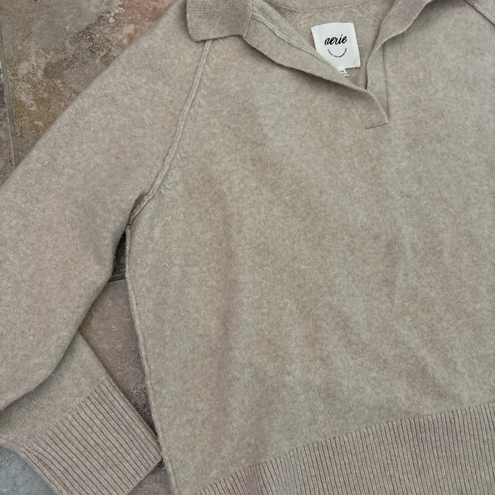 Aerie Sweater Women L Beige Pullover Collared Polo Oversized Classic Cozy Knit